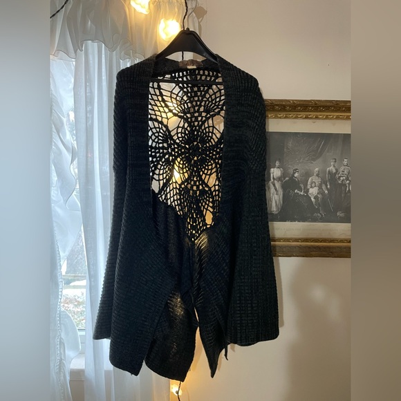 Free People Sweaters - Free People Charcoal Gray Crochet Back Cape